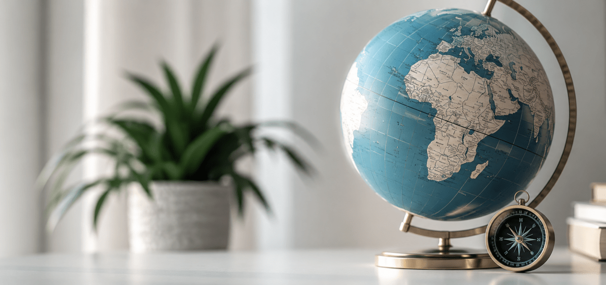 Globe terrestre vintage avec boussole sur un bureau, illustration cartographique