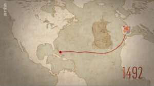Carte exemple montrant le trajet de Christophe Colomb extraite d'un épisode de l'émission Le Dessous des Cartes d'Arte