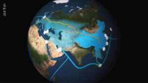 Carte exemple montrant les tracés des routes de la soie extraite d'un épisode de l'émission Le Dessous des Cartes d'Arte